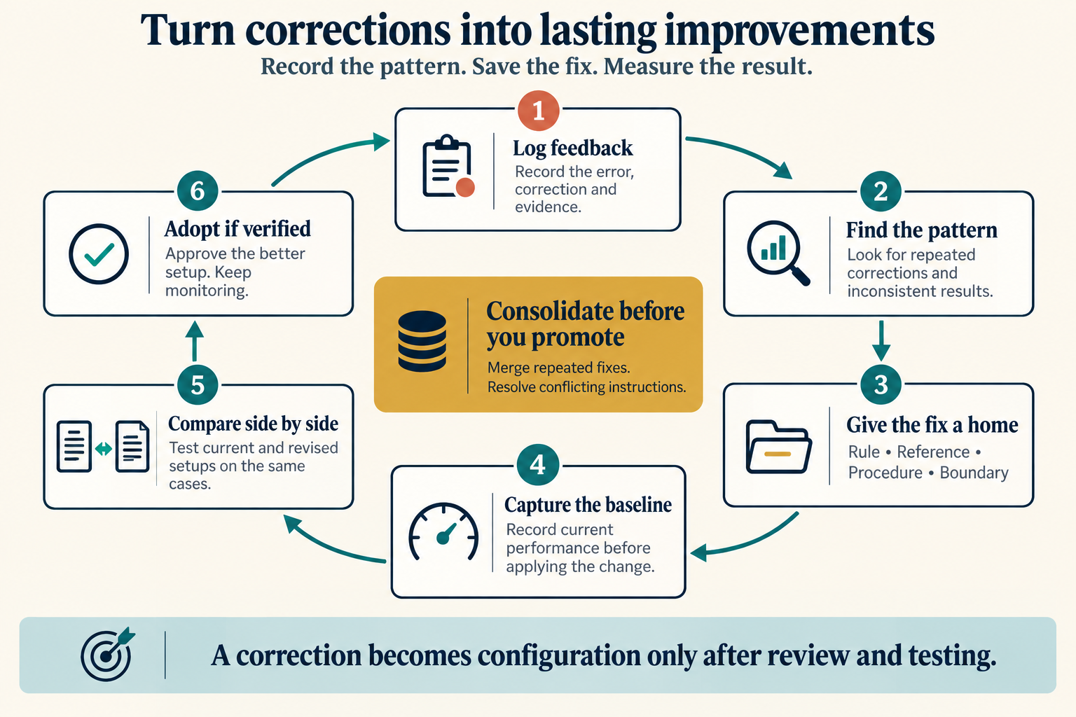 The title reads "Turn corrections into lasting improvements." The line below it reads "Record the pattern. Save the fix. Measure the result." Six numbered steps run in a loop. Step 1, "Log feedback": "Record the error, correction and evidence." Step 2, "Find the pattern": "Look for repeated corrections and inconsistent results." Step 3, "Give the fix a home": Rule, Reference, Procedure, Boundary. Step 4, "Capture the baseline": "Record current performance before applying the change." Step 5, "Compare side by side": "Test current and revised setups on the same cases." Step 6, "Adopt if verified": "Approve the better setup. Keep monitoring." An arrow leads from step 6 back to step 1. In the middle, a panel reads "Consolidate before you promote" and "Merge repeated fixes. Resolve conflicting instructions." A banner at the bottom reads "A correction becomes configuration only after review and testing."